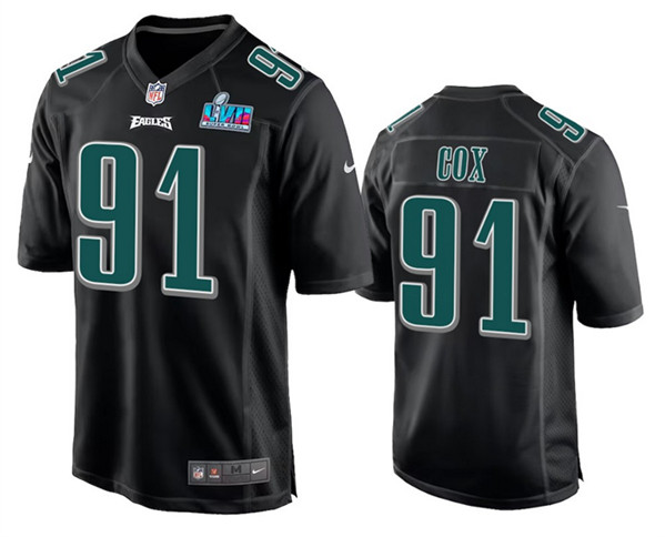 Men's Philadelphia Eagles #91 Fletcher Cox Black Super Bowl LVII Patch Stitched Game Jersey